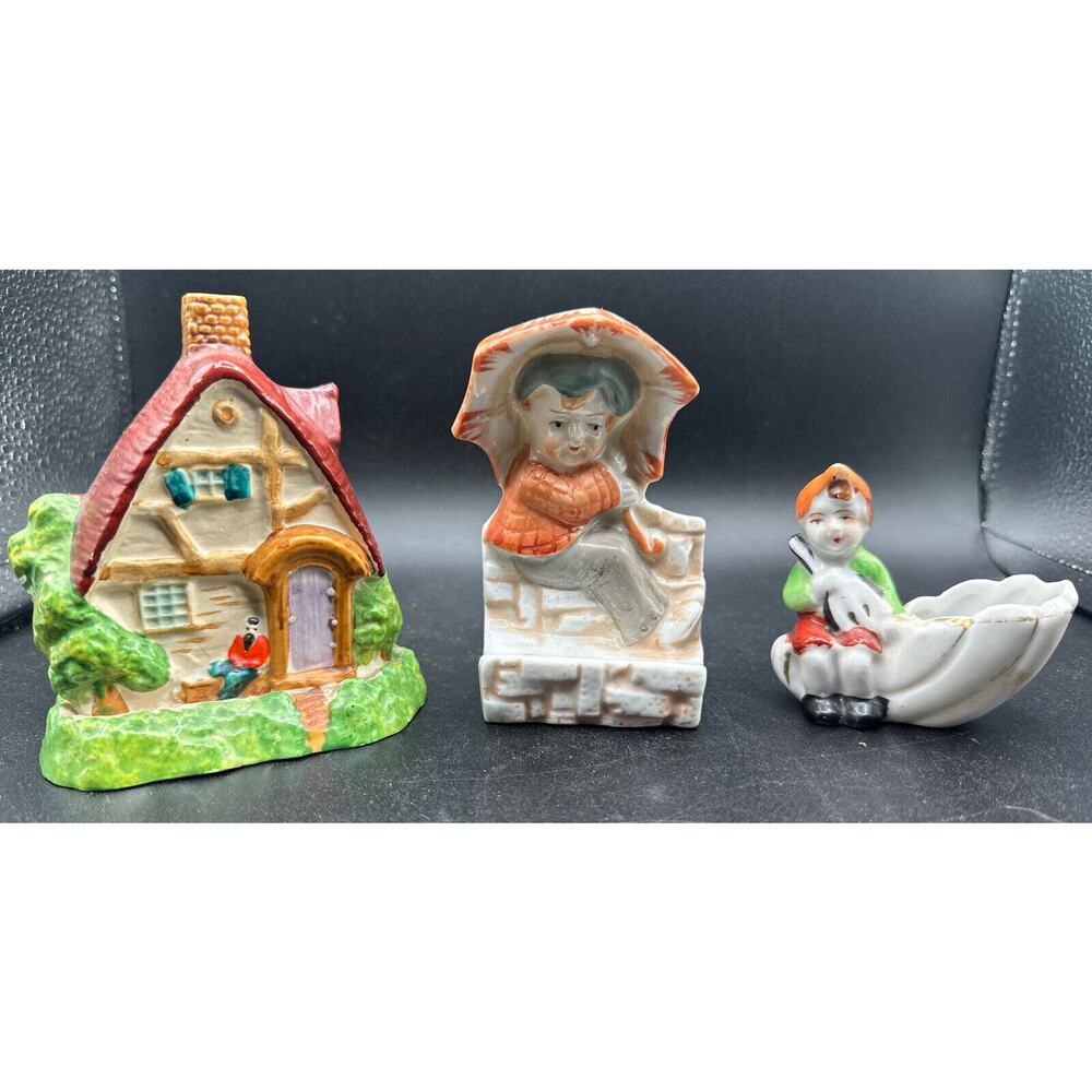 3 Adorable Vintage Hand painted Porcelain Japan figurines House Spring Rain -4O